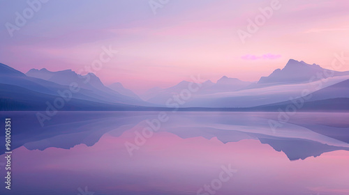 Serene Lakeside at Dawn with Mist and Mountain Reflections in Pink Sky