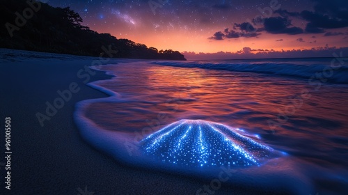 A glowing bioluminescent organism on a sandy beach at sunset, with the Milky Way visible in the sky above. photo