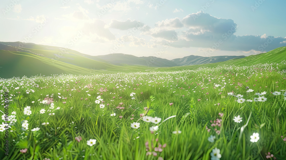 Serene Meadow with Blooming Wildflowers, Gentle Breeze, and Sunny Sky Serene Meadow with Blooming Wildflowers, Gentle Breeze, and Sunny Sky
