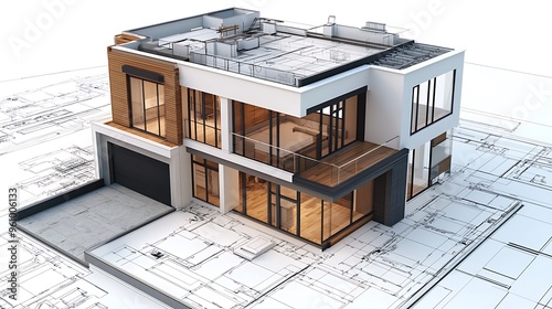 Modern house model on architectural blueprints


