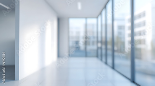 Blurry airy office space with soft natural light and floor-to-ceiling windows, creating a serene and productive environment