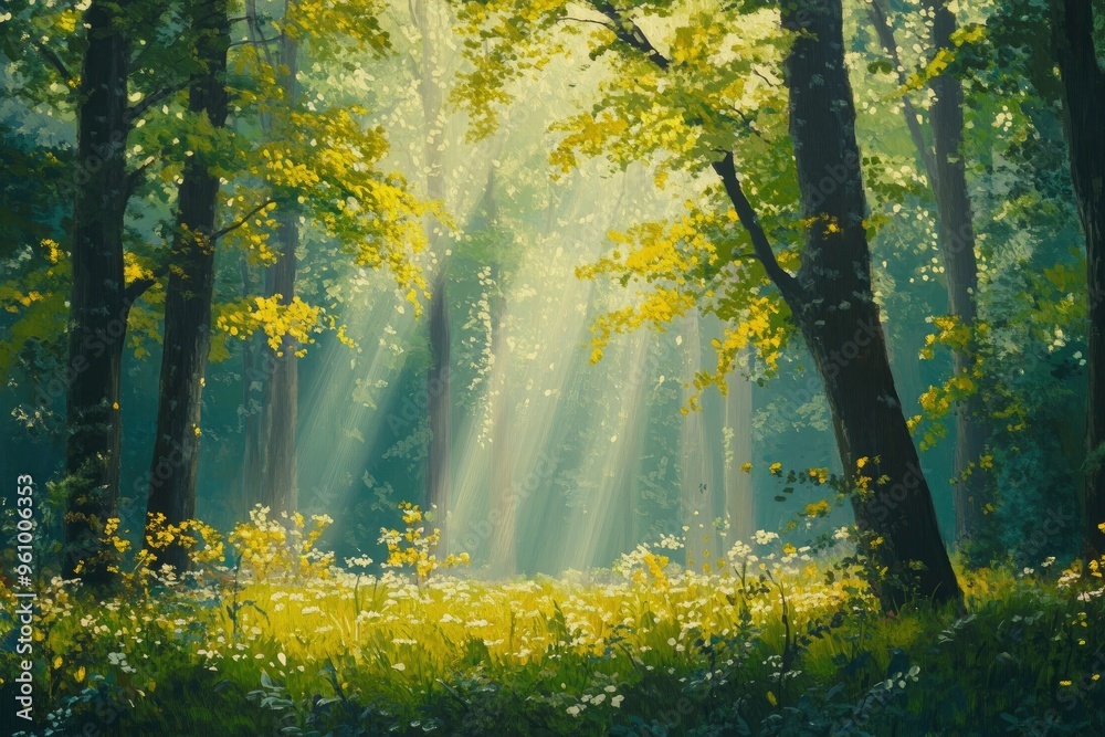 Obraz premium Serene Sunlit Forest with Lush Green Undergrowth - Peaceful Woodland Landscape , ai