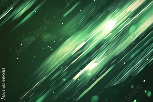 Abstract green background with glowing lines and bokeh lights.