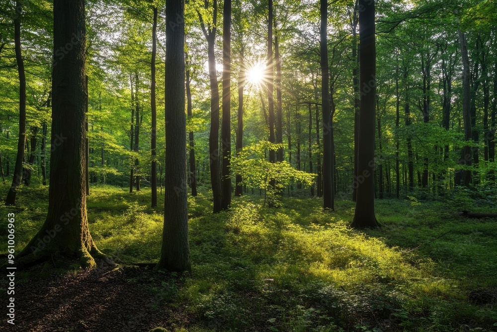 Fototapeta premium Serene Sunlit Forest with Lush Green Undergrowth - Peaceful Woodland Landscape , ai