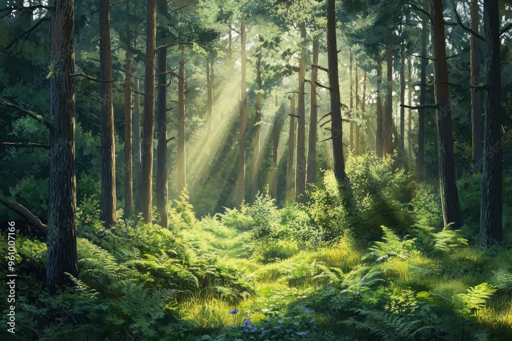 Fototapeta premium Serene Sunlit Forest with Lush Green Undergrowth - Peaceful Woodland Landscape , ai