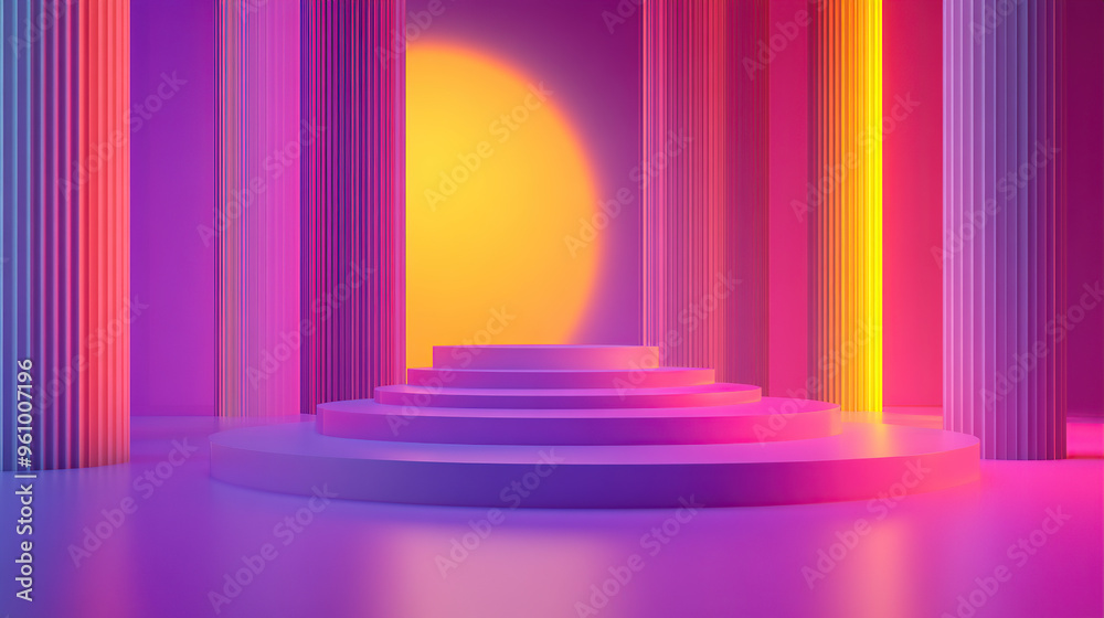 A minimalist background with neon lights and a gradient of purple to pink, featuring an empty podium surrounded by columns A minimalist background with neon lights and a gradient of purple to pink, featuring an empty podium surrounded by columns