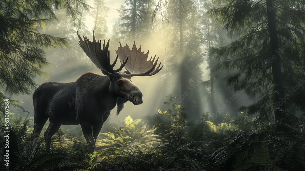 A majestic moose stands amidst a misty forest, surrounded by greenery and soft light, capturing the essence of wildlife and nature's tranquility.
A majestic moose stands amidst a misty forest, surrounded by greenery and soft light, capturing the essence of wildlife and nature's tranquility.