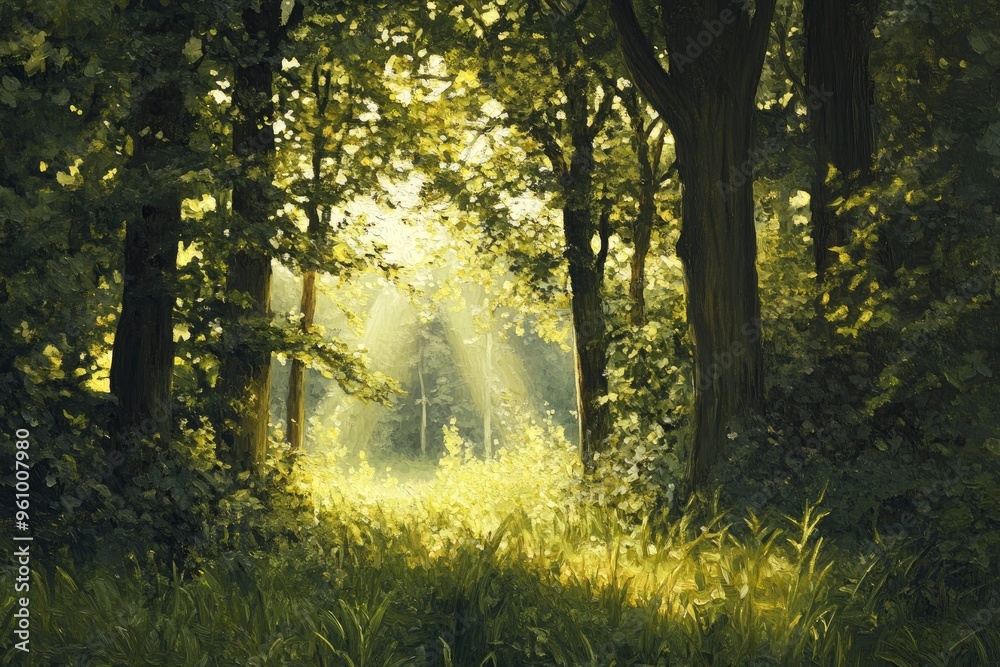 Fototapeta premium Serene Sunlit Forest with Lush Green Undergrowth - Peaceful Woodland Landscape , ai