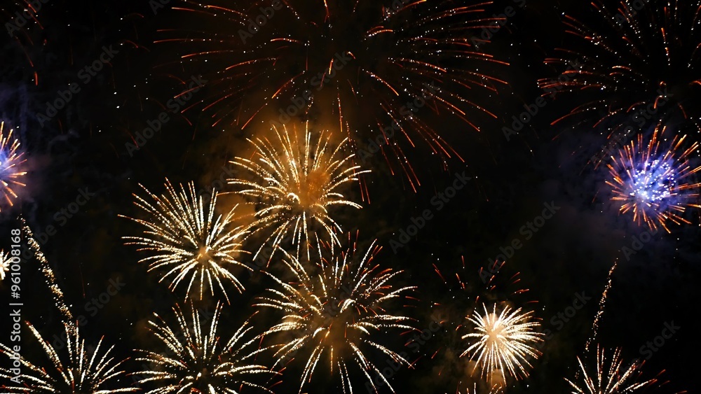 Golden Firework celebrate anniversary happy new year 2024, 4th of july holiday festival. Gold firework in the night time celebrate national holiday. Countdown to new year 2024 gold party time event Golden Firework celebrate anniversary happy new year 2024, 4th of july holiday festival. Gold firework in the night time celebrate national holiday. Countdown to new year 2024 gold party time event