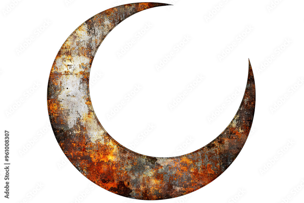 Artistic crescent moon with a textured, rusty surface, ideal for creative projects and backgrounds. Artistic crescent moon with a textured, rusty surface, ideal for creative projects and backgrounds.