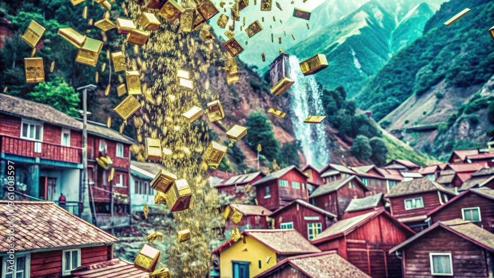 Obraz premium Golden Rain Falling on a Village in a Mountainous Landscape