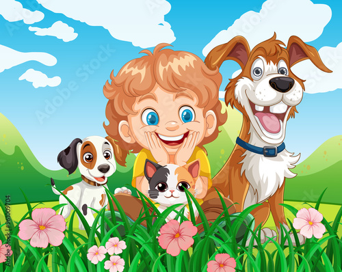 Child with dogs and cat in a field