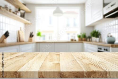 kitchen table background, wood counter top on blur of white clean abstract home interior with bokeh. used for display or montage your wooden for dining background, ai