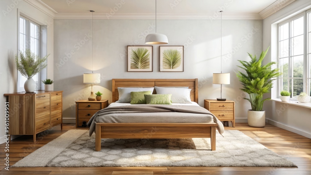 Fototapeta premium A cozy bedroom features a wooden bed frame, bedside tables, and dresser against a crisp white wall, set