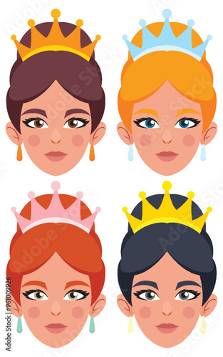 Four Queens with Different Crowns