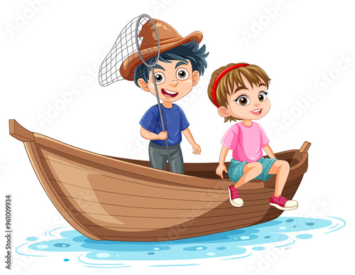 Two kids fishing on a wooden boat