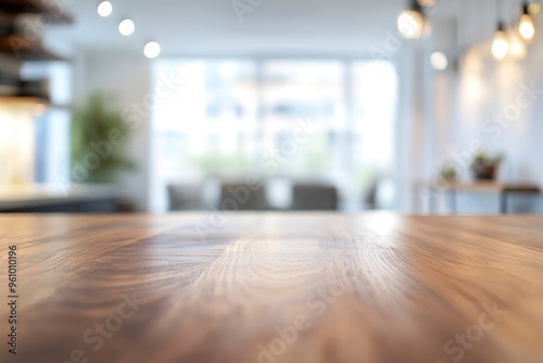 kitchen table background, wood counter top on blur of white clean abstract home interior with bokeh. used for display or montage your wooden for dining background, ai