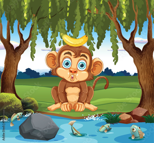 Monkey with Banana by the River