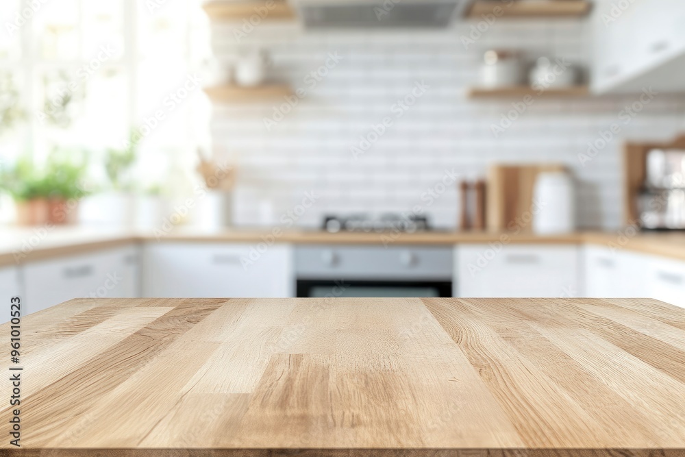 kitchen table background, wood counter top on blur of white clean abstract home interior with bokeh. used for display or montage your wooden for dining background , ai