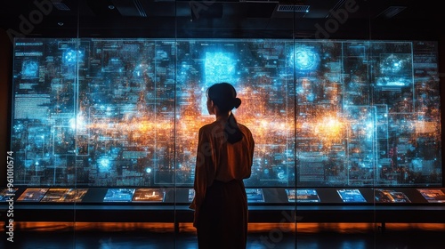 Woman Observing a Data Visualization Display