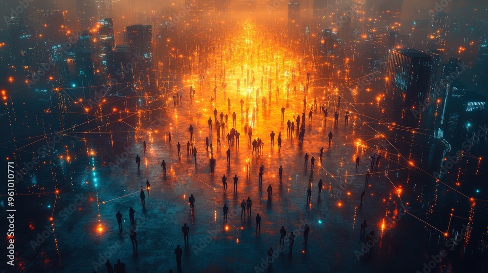 Fototapeta premium A digital cityscape with glowing lines and a crowd of people converging toward a bright light.