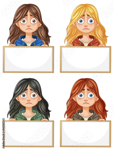 Four sad girls with blank signs