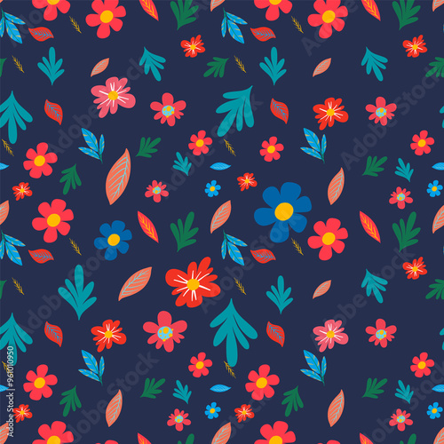 Vibrant flowers and leaves on a dark backdrop