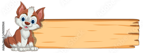 Adorable puppy next to blank wooden sign