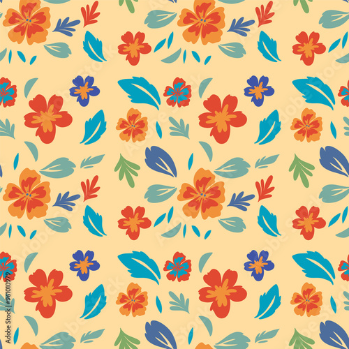 Vibrant flowers and leaves on a beige background