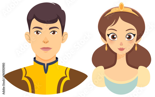 Royal couple in elegant attire, cartoon style