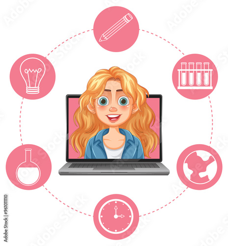 Illustration of online learning with various educational icons