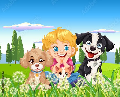 Child and dogs enjoying a sunny day outdoors