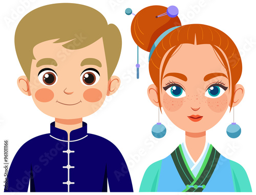 Illustration of two people in traditional Chinese clothing