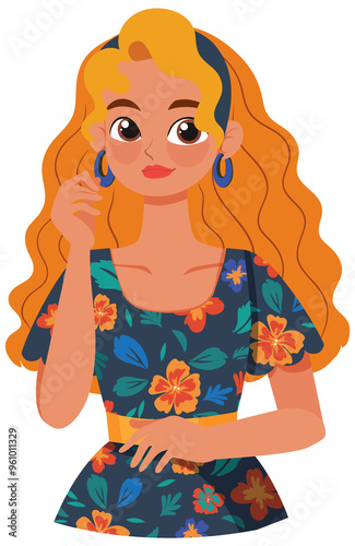 Woman with floral dress and wavy hair