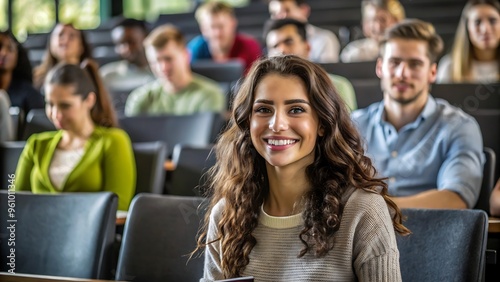 Smiling Student Girl in a Lecture Hall.