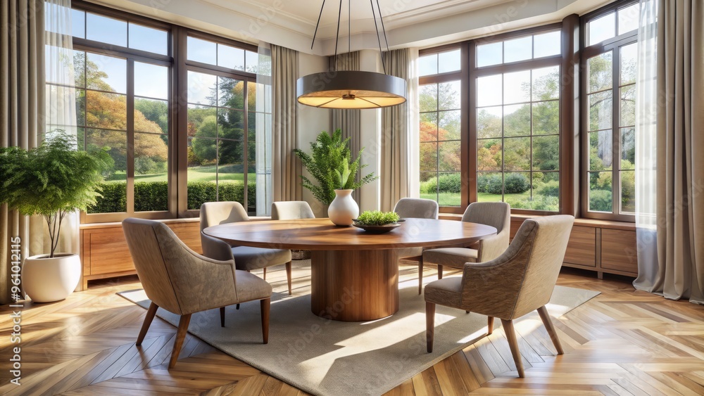 A modern twist on traditional dining, a round wooden table is the centerpiece of a bright and airy A modern twist on traditional dining, a round wooden table is the centerpiece of a bright and airy