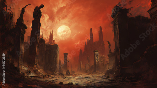 A desolate city square covered in ash and dust, with toppled statues, crumbling facades, and a blood-red sky casting eerie shadows across the ruins photo