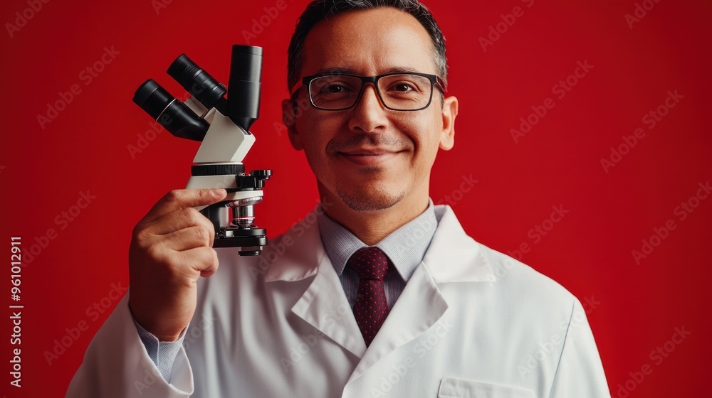 Scientist Holding a Microscope Against Red Background Scientist Holding a Microscope Against Red Background