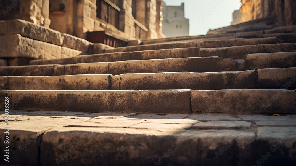 a stone stairs with a building in the background. a stone stairs with a building in the background.