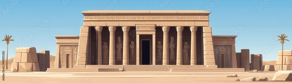 Fototapeta premium Flat Design Illustration of an Ancient Temple with Carved Stone Elements in a Low-Angle View