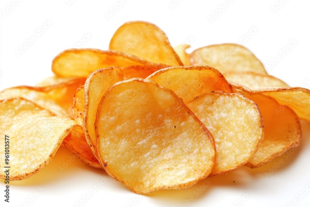 A close-up of crispy potato chips arranged in a pile. A close-up of crispy potato chips arranged in a pile.