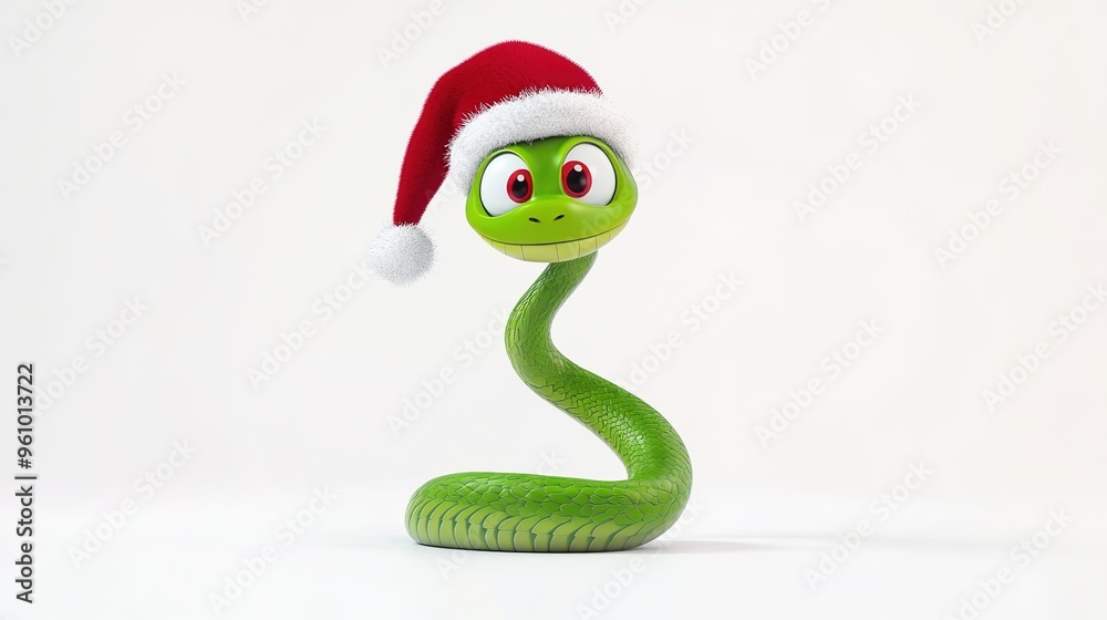 Fototapeta premium Adorable Cartoon Green Snake Wearing a Santa Hat on a White Background, Symbolizing the New Year 2025 with a Fun and Festive Touch