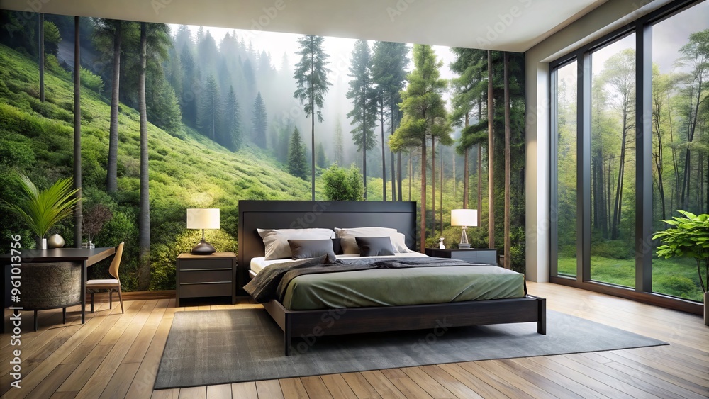 A serene modern bedroom boasts a sleek black bed, dresser, and nightstands arranged against a stunning forest mural A serene modern bedroom boasts a sleek black bed, dresser, and nightstands arranged against a stunning forest mural