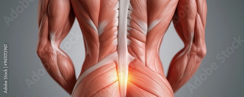 Detailed anatomical illustration showcasing human muscular structure and spine, highlighting anatomy and back pain. photo