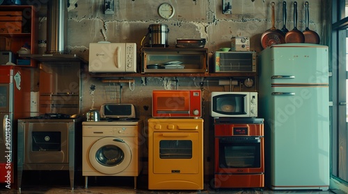 A collection of vintage appliances in a kitchen setting.