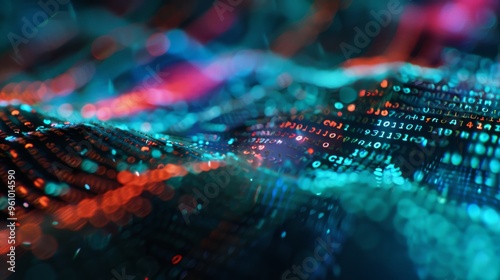 An abstract representation of a digital data stream with colorful binary code and bokeh effects in the background.