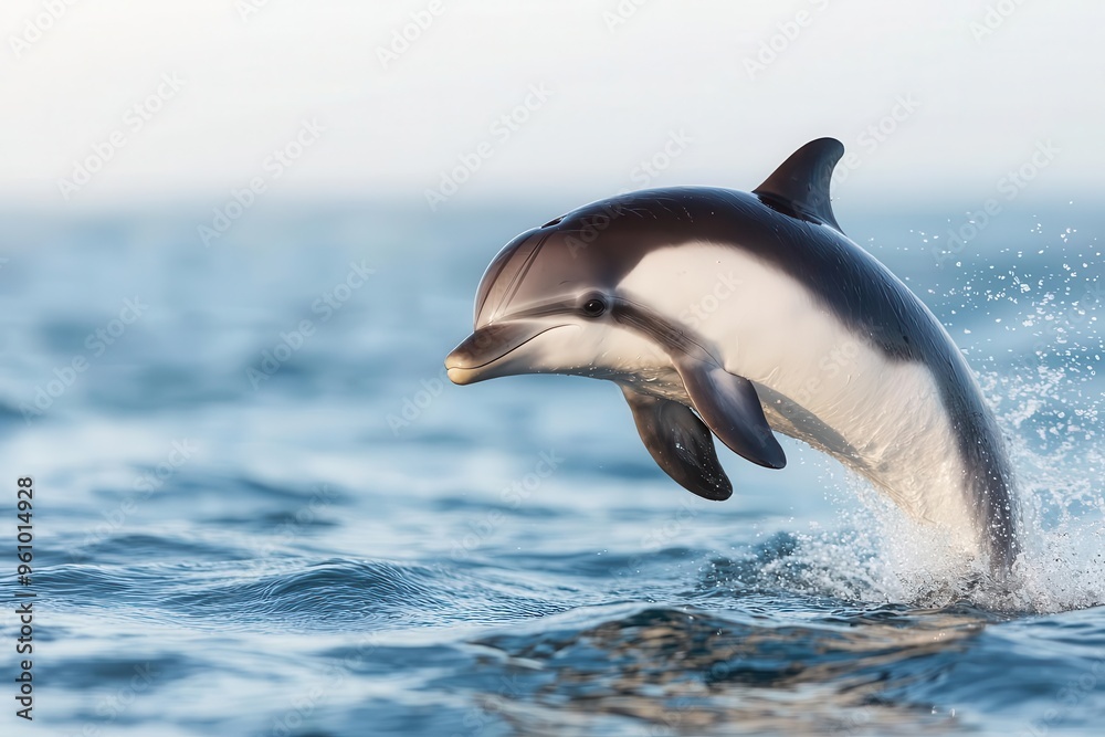Obraz premium Vaquita dolphin leaps gracefully from Gulf of California waters, a rare marine mammal, the sparkling sea shimmering under the bright sunlight.