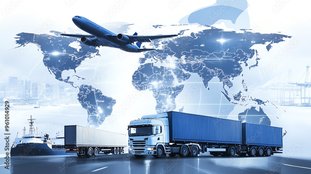 Naklejka premium Global transportation concept featuring plane, truck, and ship over a world map, symbolizing logistics and commerce.