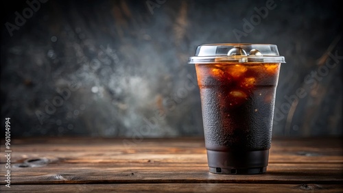 Close up of a plastic cup filled with iced black coffee americano photo