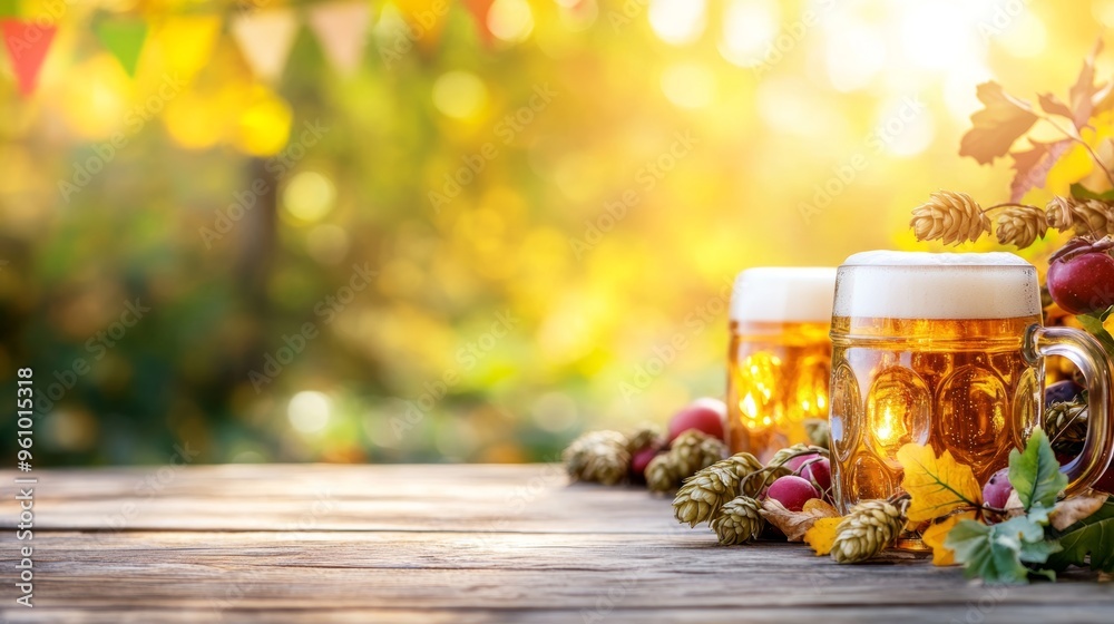A cozy Oktoberfest background featuring a row of frothy beer mugs sitting on a rustic wooden table, surrounded by traditional Bavarian decorations. The scene is set in a warm, festive beer garden A cozy Oktoberfest background featuring a row of frothy beer mugs sitting on a rustic wooden table, surrounded by traditional Bavarian decorations. The scene is set in a warm, festive beer garden